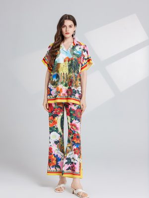 Summer Print Bat Short Sleeve Shirt & High-Waisted Slim Trousers Set