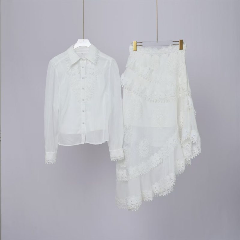 White Lace Cutout Top & Fishtail Skirt Set for Women
