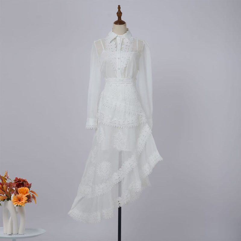 White Lace Cutout Top & Fishtail Skirt Set for Women - Image 2