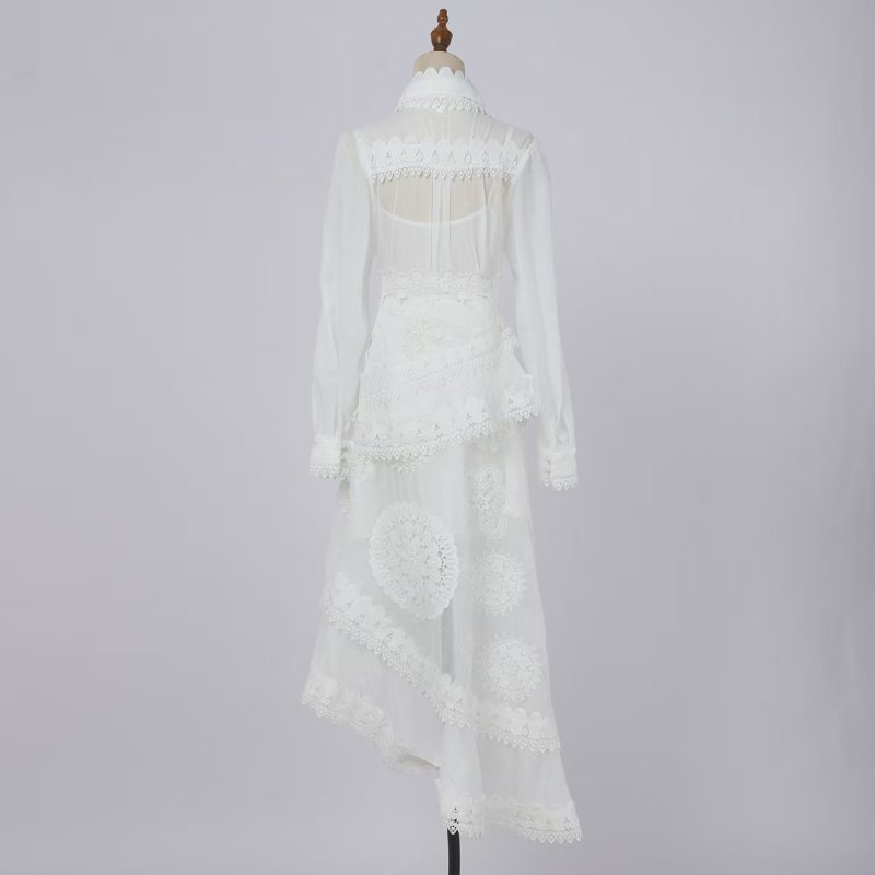 White Lace Cutout Top & Fishtail Skirt Set for Women - Image 4