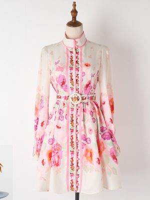 Spring & Autumn Long Sleeve Printed Belted Dress for Women