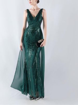 Floral Sequin Beaded Back Cloak Evening Dress for Events