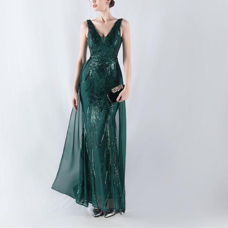 Floral Sequin Beaded Back Cloak Evening Dress for Events