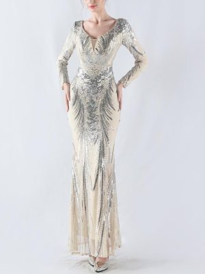 Floral Sequin Long Sleeve Evening Dress for Winter Events