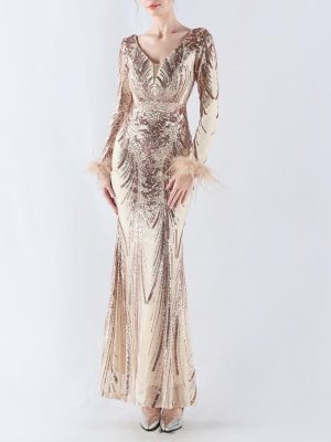 Floral Ostrich Feather Evening Dress for Winter Events