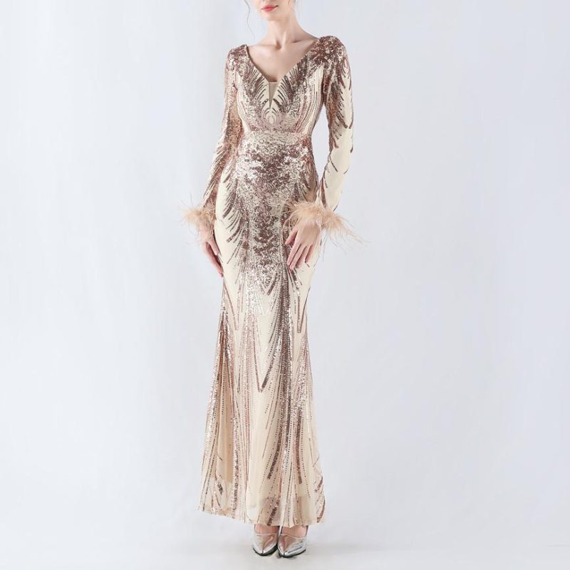 Floral Ostrich Feather Evening Dress for Winter Events