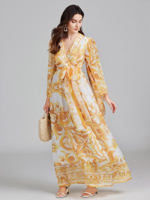 Printed Belted Long Dress – Women’s Spring & Autumn Dress