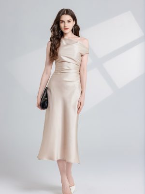 Summer Solid Color Asymmetrical Oblique Shoulder Dress