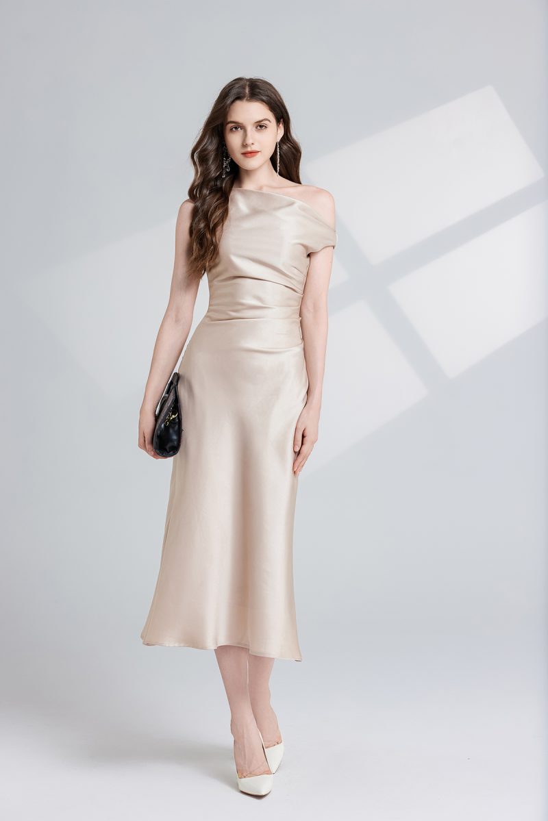Summer Solid Color Asymmetrical Oblique Shoulder Dress