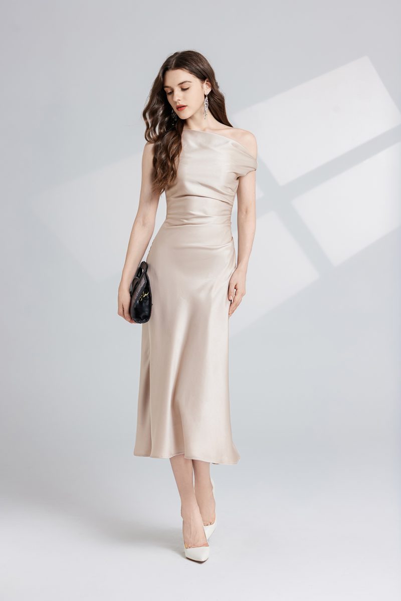 Summer Solid Color Asymmetrical Oblique Shoulder Dress - Image 2