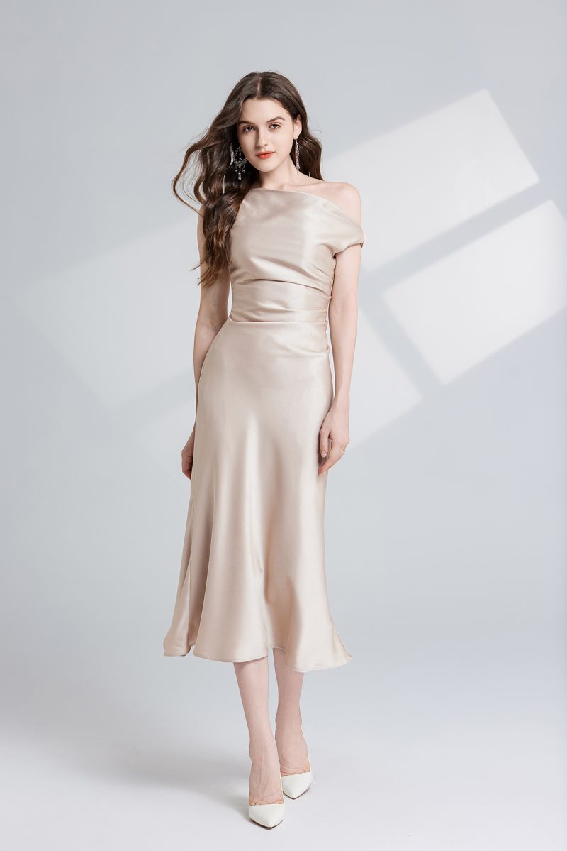 Summer Solid Color Asymmetrical Oblique Shoulder Dress - Image 3