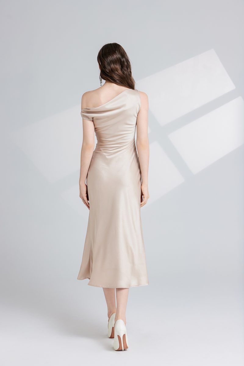 Summer Solid Color Asymmetrical Oblique Shoulder Dress - Image 4
