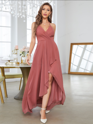 Peach Pink Chiffon Ball Gown Cocktail Evening Dress for Bridesmaids