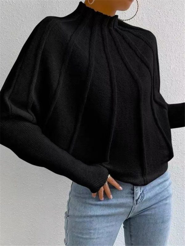 Half Turtleneck Solid Color Batwing Sleeve Knitted Pullover Sweater - Image 4