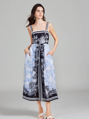 Women’s Summer Print Sexy Halter Long A-Line Swing Dress