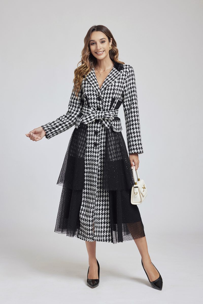 Plaid Tweed Sequin Lace Mesh Patchwork Dress – Women’s Spring & Autumn Dress