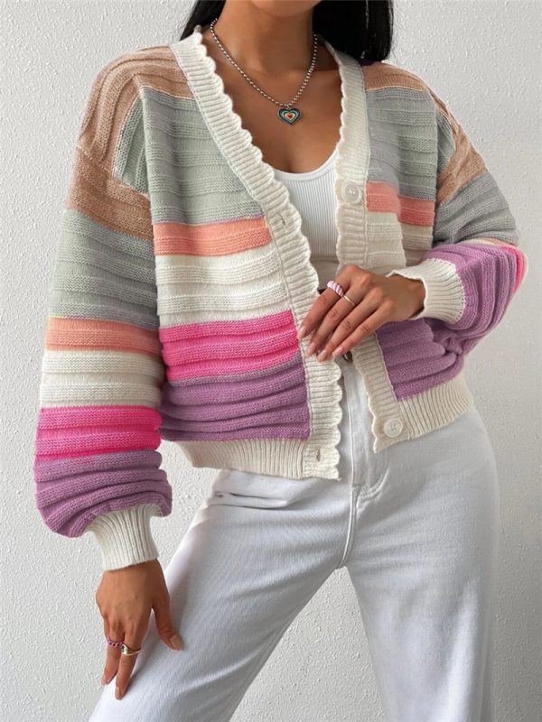 Rainbow Striped Knitted Cardigan Sweater Coat with Lantern Sleeves - Image 2