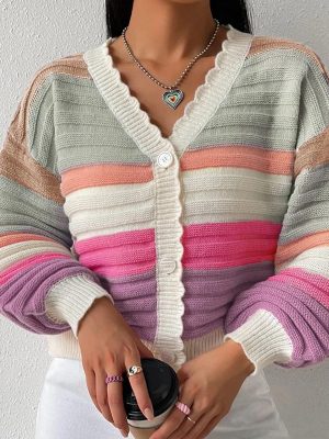 Rainbow Striped Knitted Cardigan Sweater Coat with Lantern Sleeves