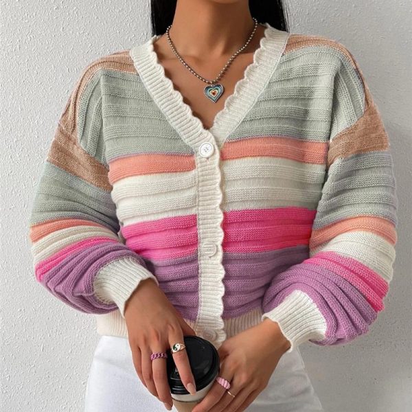 Rainbow Striped Knitted Cardigan Sweater Coat with Lantern Sleeves