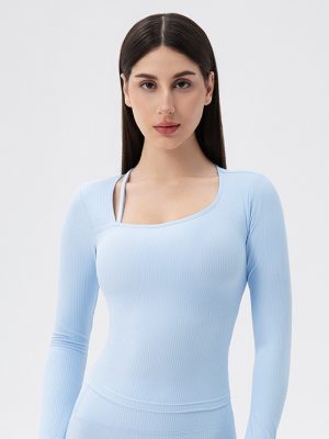 Women’s Long Sleeve Yoga Top – Chest Pad, Striped Slimming Fitness Shirt