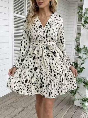 Elegant Floral V-Neck Dress – Long Sleeve Casual Vacation Wear