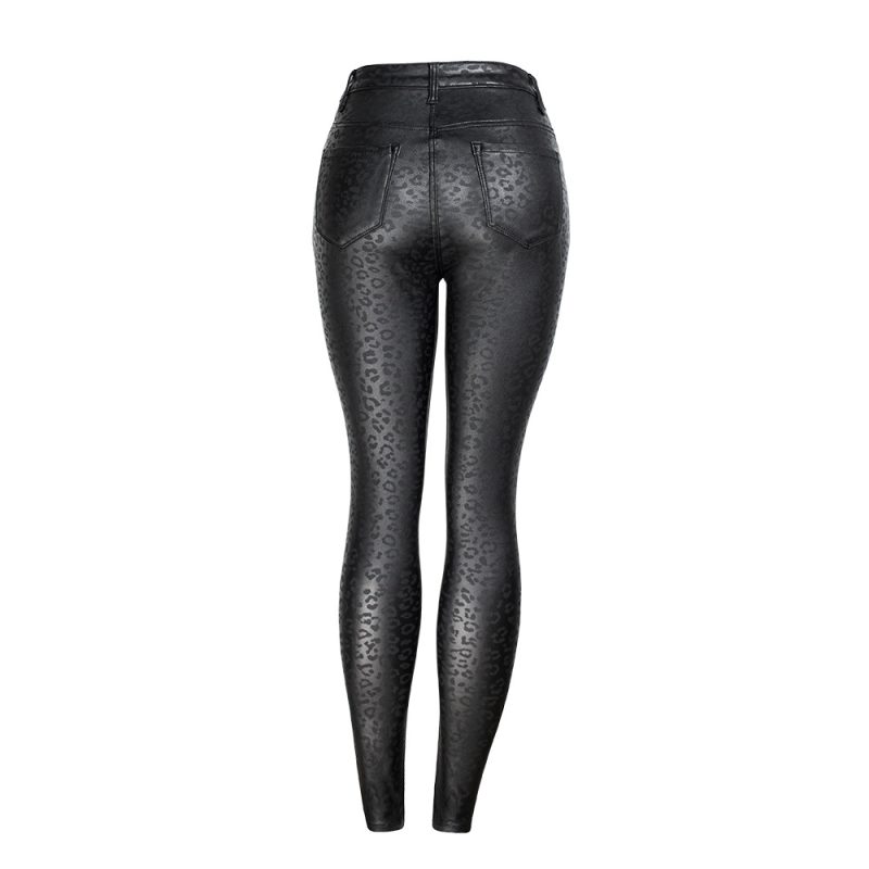 Women’s High Waist Black Faux Leather Leopard-Print Skinny Pants - Image 2