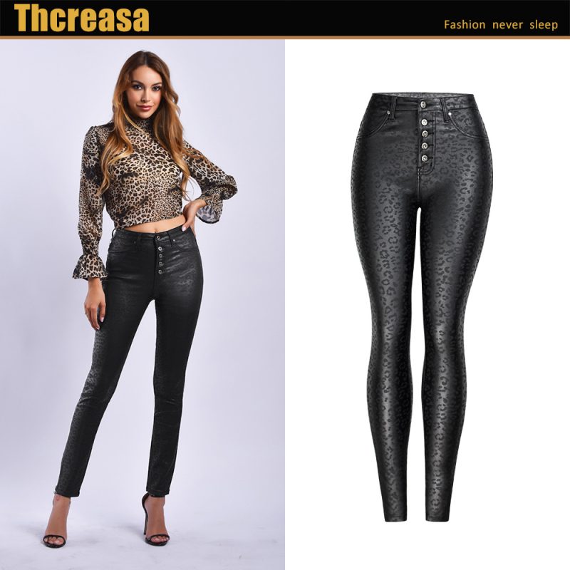 Women’s High Waist Black Faux Leather Leopard-Print Skinny Pants - Image 3