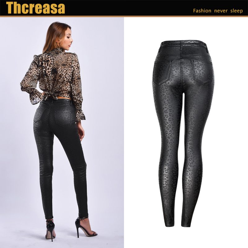 Women’s High Waist Black Faux Leather Leopard-Print Skinny Pants - Image 5