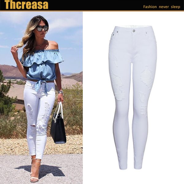 Women’s High Waist Slim Fit White Ripped Ankle-Tied Pencil Pants - Image 5