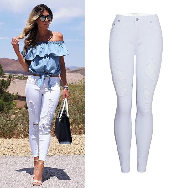 Women’s High Waist Slim Fit White Ripped Ankle-Tied Pencil Pants - Image 4