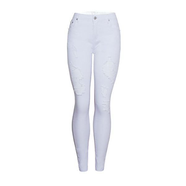 Women’s High Waist Slim Fit White Ripped Ankle-Tied Pencil Pants