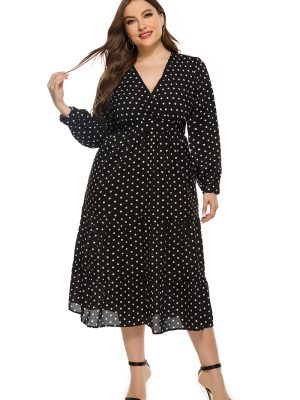 Plus Size V-Neck Polka Dot Dress – Autumn Winter Style