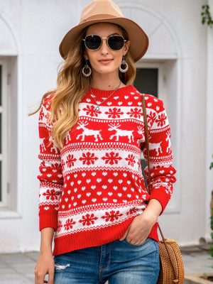 Women’s Christmas Red Round Neck Deer Snowflake Sweater