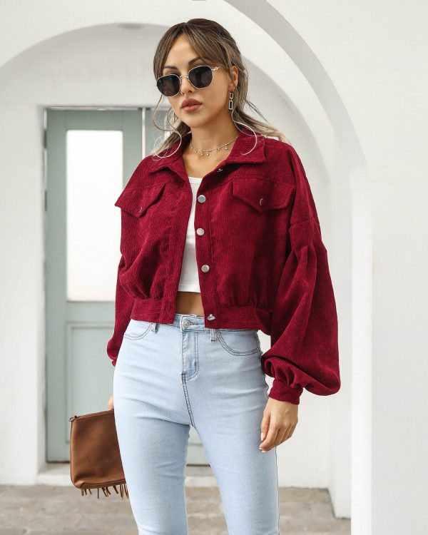 Women's Casual Collared Corduroy Jacket with Lantern Sleeves - Image 2