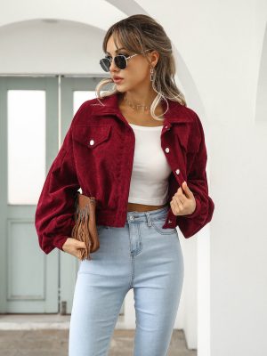 Women’s Casual Collared Corduroy Jacket with Lantern Sleeves