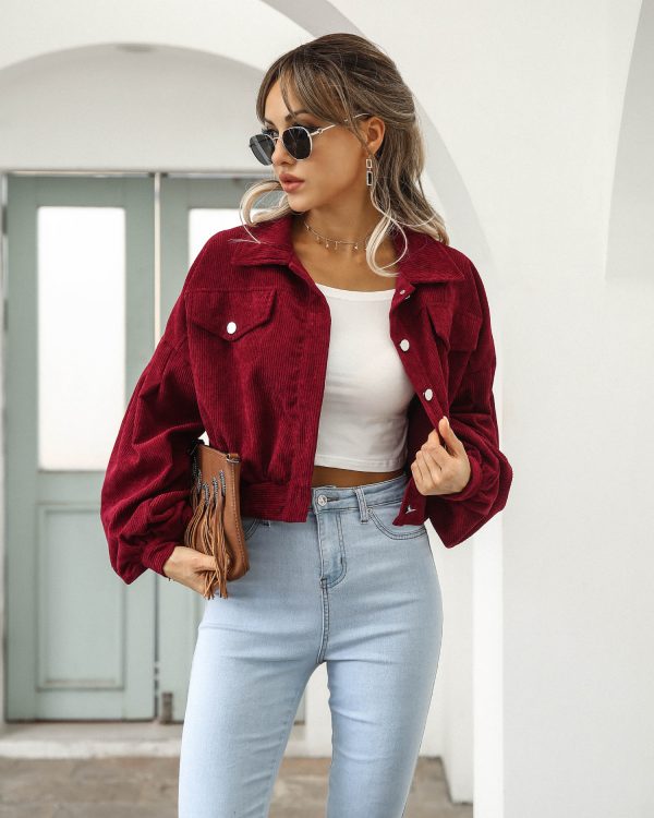 Women's Casual Collared Corduroy Jacket with Lantern Sleeves