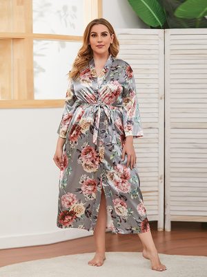 Plus Size Artificial Silk Long-Sleeved Nightgown – Versatile Home Wear