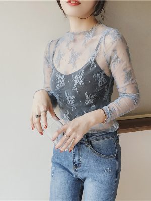 Sexy Lace Net Long Sleeve See-Through Bottoming Shirt for Women