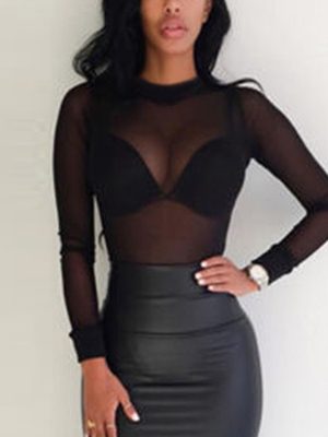 Stretch Tight See-Through Mesh Long Sleeve Bottoming Shirt for Women