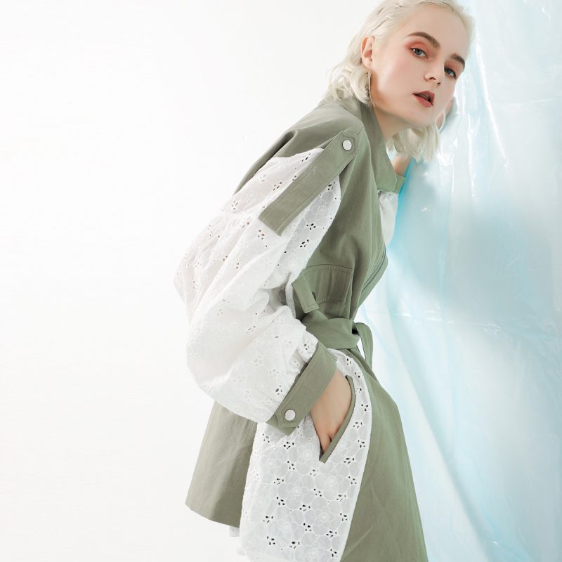 Women Lace Stitching Washed Coat Loose Mid-Length Top Windbreaker - Image 2
