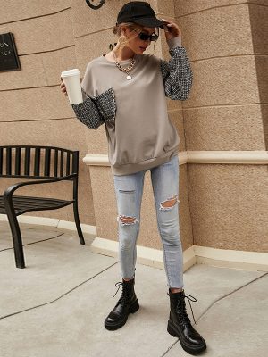 Solid Color Round Neck Plaid Sleeve Casual Women’s Sweater