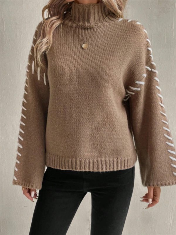 Long Sleeve Casual Loose Knitted Sweater with High Neck & Contrast Color - Image 4