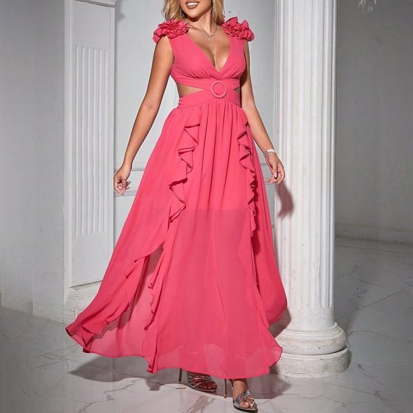 Deep V-Neck Ruffled Swing Maxi Dress - Image 2