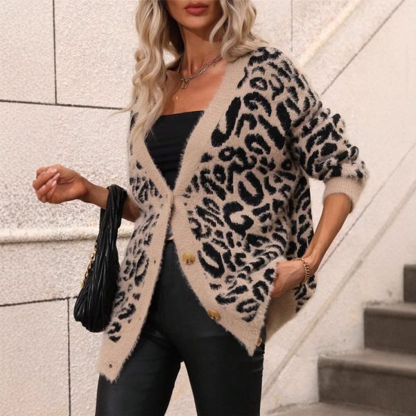 Leopard Print Oversized Knit Cardigan Sweater – Plush Loose Women’s Coat