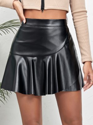 Women’s High Waist Asymmetric Ruffled Faux Leather Skirt