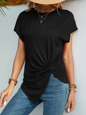 Asymmetric Knot Round Neck Batwing Sleeve T-Shirt