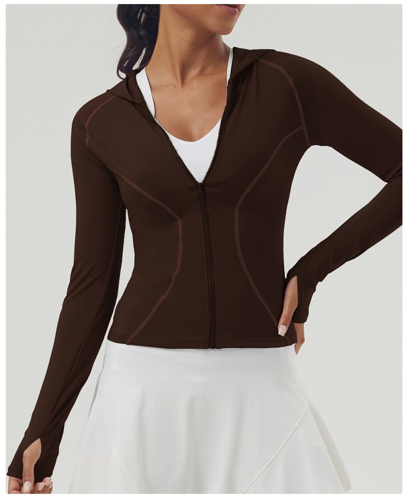 Autumn Winter Slimming Hooded Yoga Jacket Long Sleeve Zipper Workout Top - Image 3