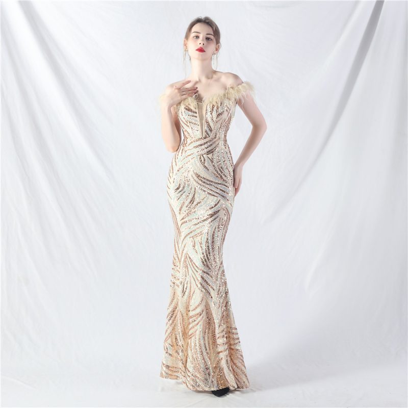 Ostrich Feather Sequined Corset Waist Tight Evening Dress - Image 2