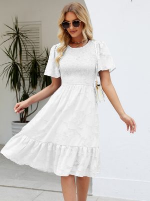 Women’s Summer Jacquard Smocking Waist Round Neck Mid-Length Dress