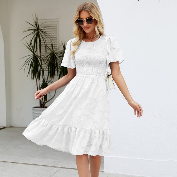 Women’s Summer Jacquard Smocking Waist Round Neck Mid-Length Dress